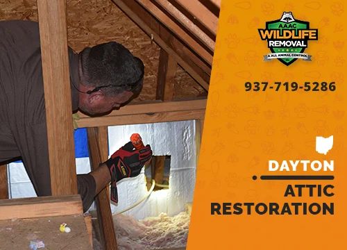 Wildlife Pest Control operator inspecting an attic in Dayton before restoration